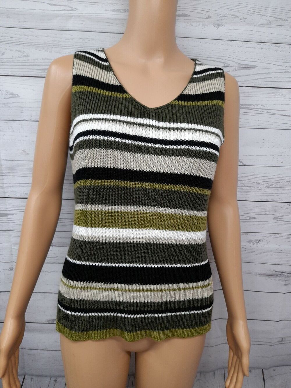 Amanda Smith Knit Crochet Striped Sleeveless Top Vest Sz M Green White Black